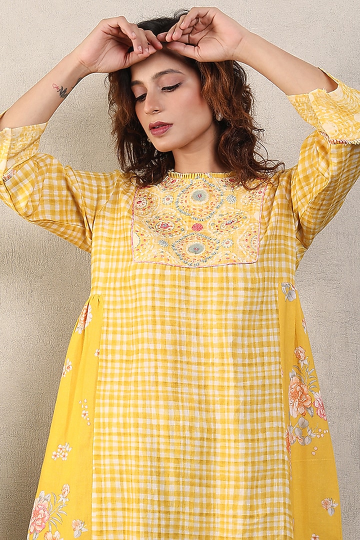 Yellow Gauze Linen Printed & Hand Embroidered Summer Dress by Falguni.Foram at Pernia's Pop Up Shop