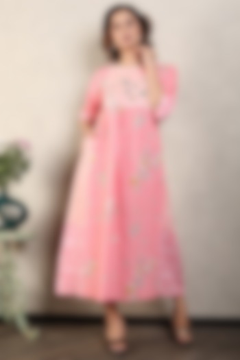 Pink Gauze Linen Printed & Hand Embroidered Dress by Falguni.Foram