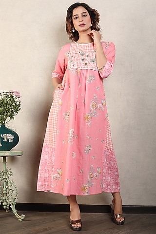 Pink Gauze Linen Printed & Hand Embroidered Dress by Falguni.Foram
