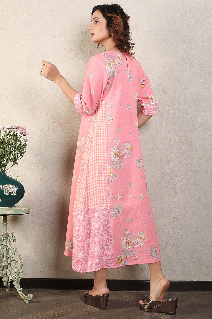 Pink Gauze Linen Printed & Hand Embroidered Summer Dress by Falguni.Foram at Pernia's Pop Up Shop