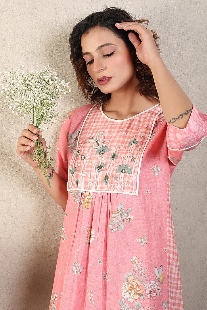 Pink Gauze Linen Printed & Hand Embroidered Summer Dress by Falguni.Foram at Pernia's Pop Up Shop