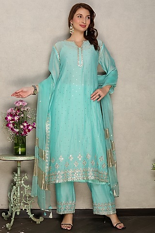Sky Blue Silk Chanderi Hand Embroidered Kurta Set by Falguni.Foram