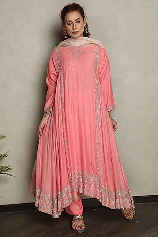 Pink Silk Chanderi Hand Embroidered Kalidar Kurta Set by Falguni.Foram