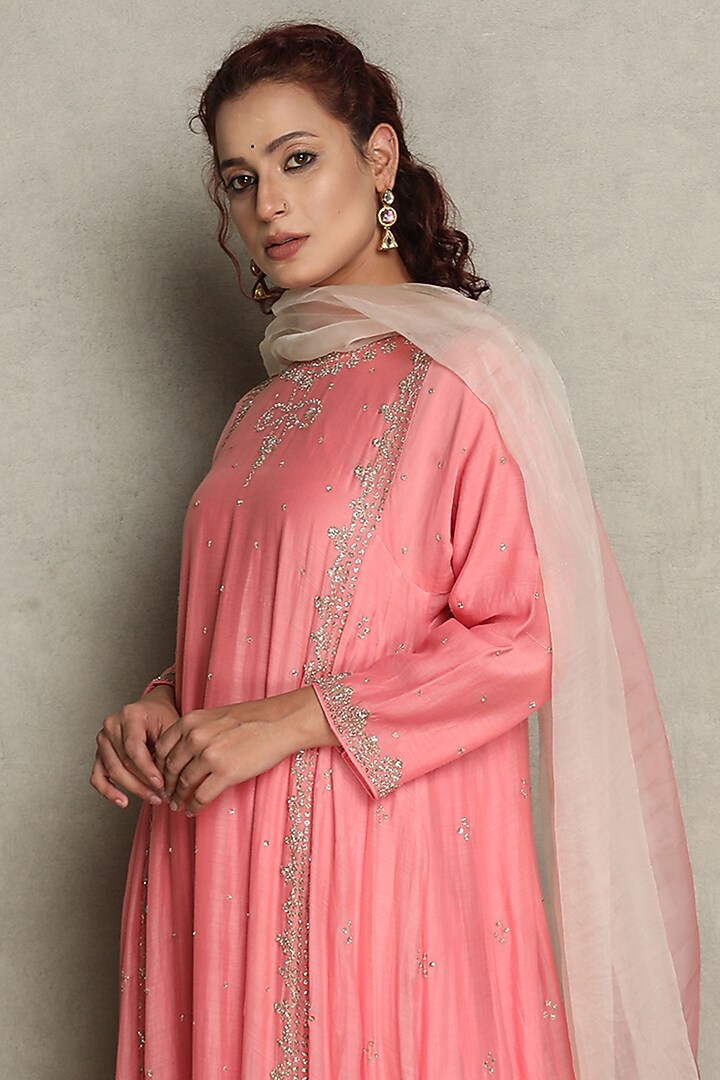 Pink Silk Chanderi Hand Embroidered Kalidar Kurta Set by Falguni.Foram at Pernia's Pop Up Shop