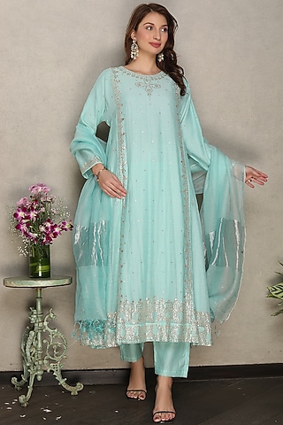 Sky Blue Silk Chanderi Hand Embroidered Kalidar Kurta Set by Falguni.Foram