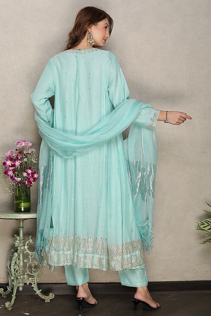 Sky Blue Silk Chanderi Hand Embroidered Kalidar Kurta Set by Falguni.Foram at Pernia's Pop Up Shop