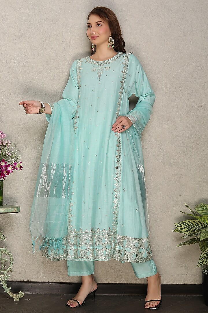 Sky Blue Silk Chanderi Hand Embroidered Kalidar Kurta Set by Falguni.Foram at Pernia's Pop Up Shop