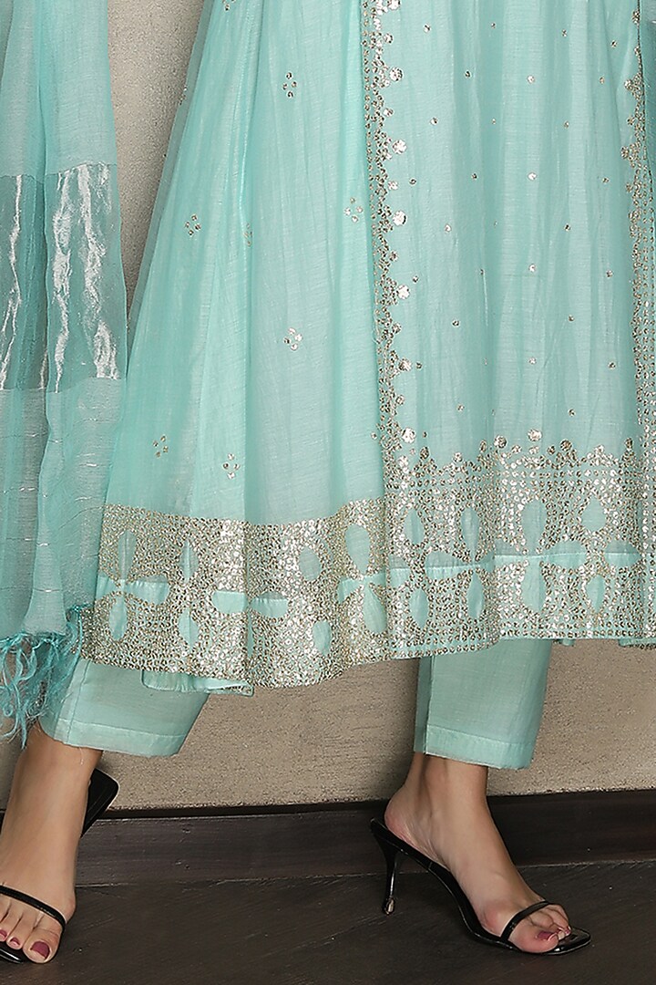 Sky Blue Silk Chanderi Hand Embroidered Kalidar Kurta Set by Falguni.Foram at Pernia's Pop Up Shop