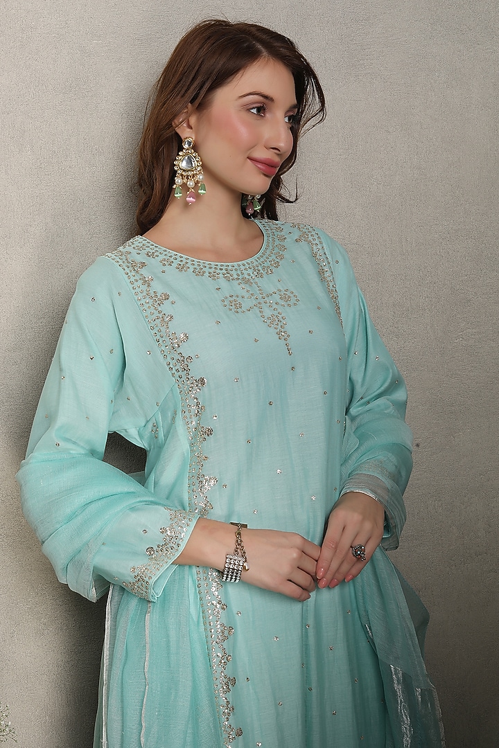 Sky Blue Silk Chanderi Hand Embroidered Kalidar Kurta Set by Falguni.Foram at Pernia's Pop Up Shop