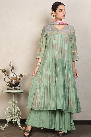 Olive Green Crush Sharara Set by Falguni.Foram