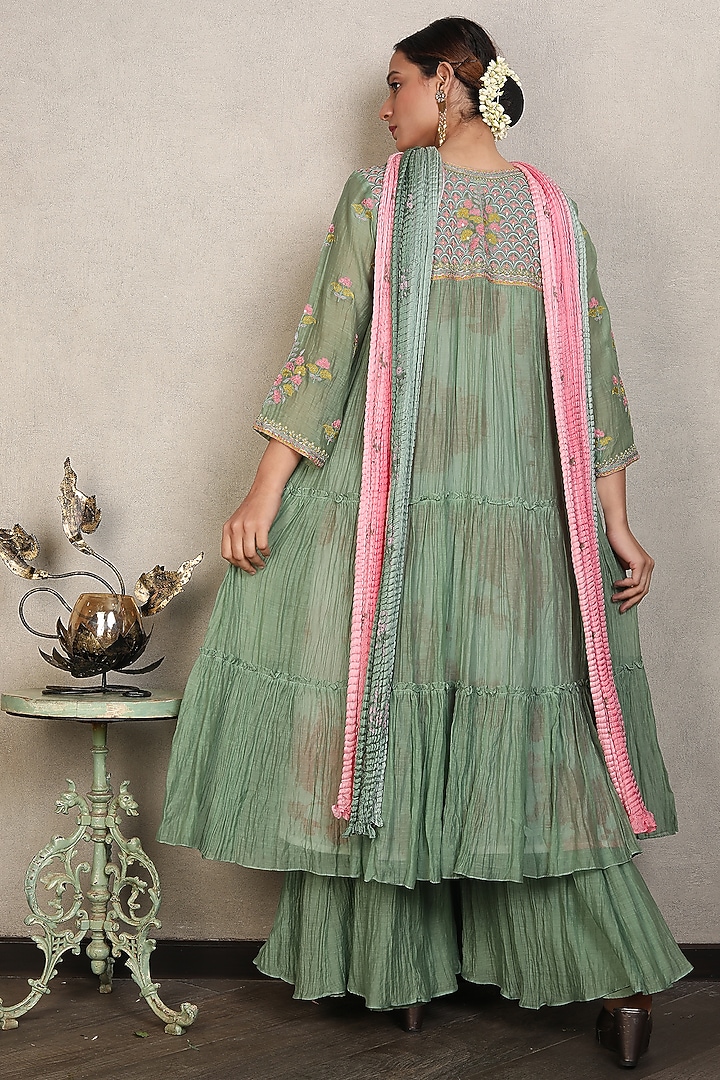 Olive Green Crush Party Wear Sharara Set by Falguni.Foram at Pernia's Pop Up Shop