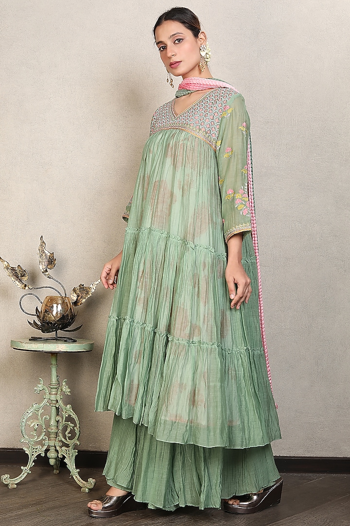 Olive Green Crush Party Wear Sharara Set by Falguni.Foram at Pernia's Pop Up Shop