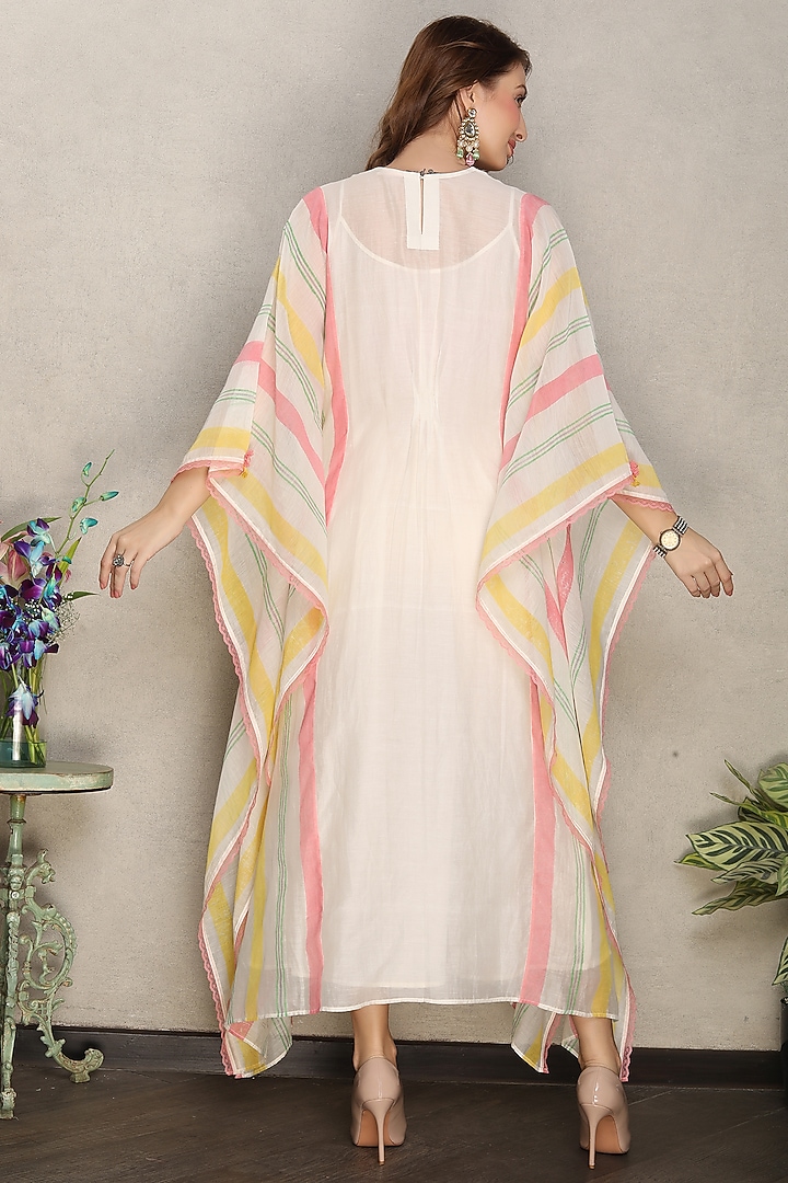 Off-White Silk Chanderi Printed & Hand Embroidered Kaftan Summer Dress by Falguni.Foram at Pernia's Pop Up Shop