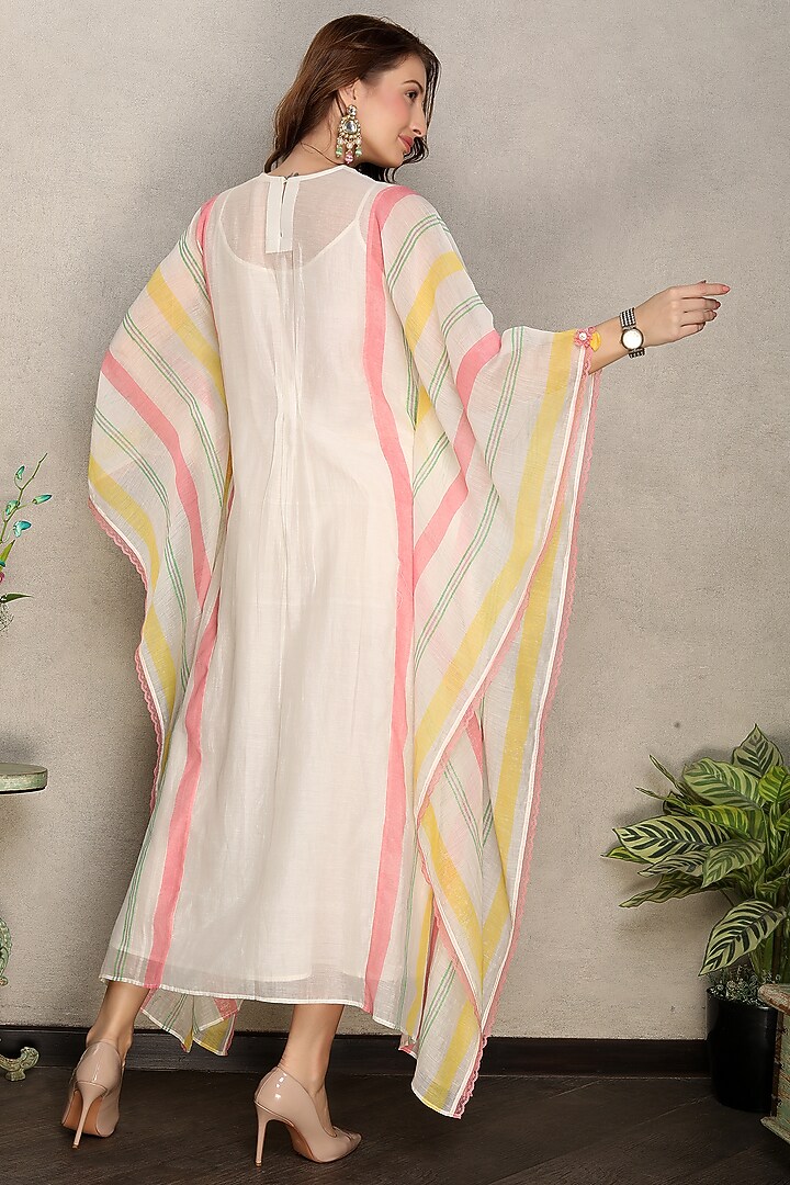 Off-White Silk Chanderi Printed & Hand Embroidered Kaftan Summer Dress by Falguni.Foram at Pernia's Pop Up Shop