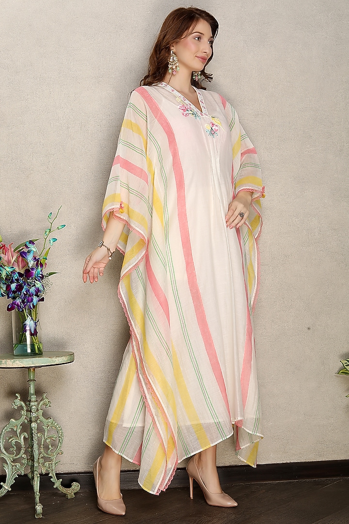 Off-White Silk Chanderi Printed & Hand Embroidered Kaftan Summer Dress by Falguni.Foram at Pernia's Pop Up Shop