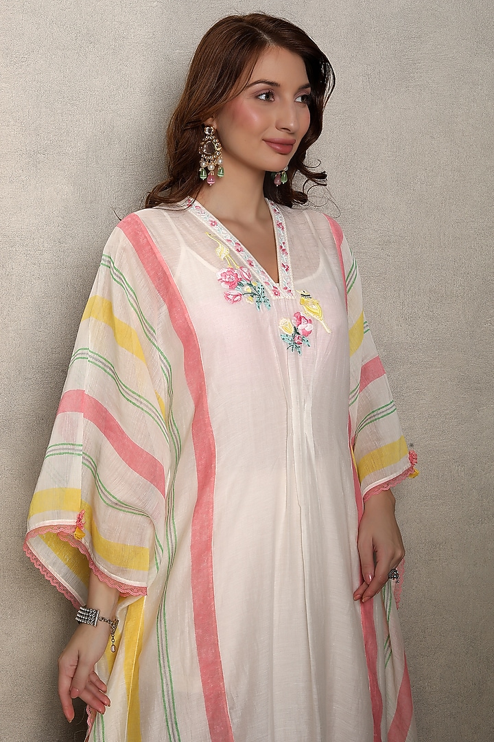 Off-White Silk Chanderi Printed & Hand Embroidered Kaftan Summer Dress by Falguni.Foram at Pernia's Pop Up Shop