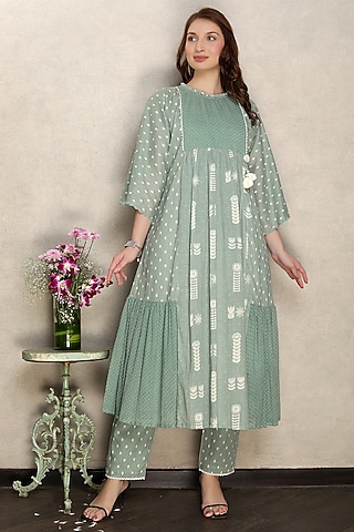 Olive Green Cotton Mal Printed Kurta Set by Falguni.Foram