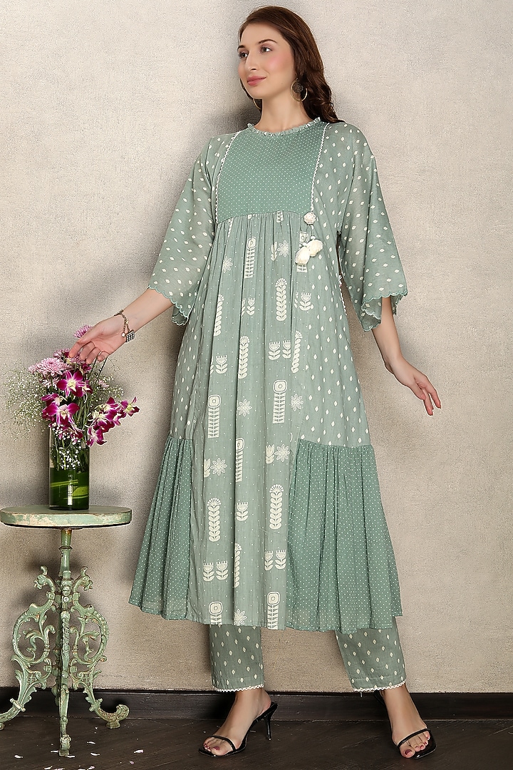 Olive Green Cotton Mal Printed Kurta Set by Falguni.Foram at Pernia's Pop Up Shop