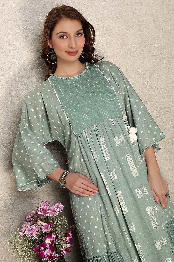 Olive Green Cotton Mal Printed Kurta Set by Falguni.Foram at Pernia's Pop Up Shop