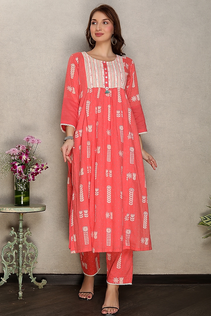 Pink Cotton Mal Printed & Embroidered Kurta Set by Falguni.Foram at Pernia's Pop Up Shop
