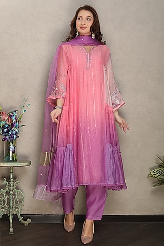 Pink & Purple Silk Chanderi Hand Embroidered Shaded Kurta Set by Falguni.Foram