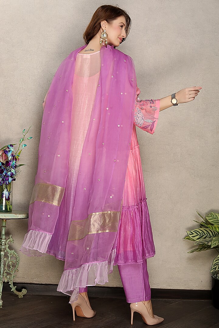 Pink & Purple Silk Chanderi Hand Embroidered Shaded Kurta Set by Falguni.Foram at Pernia's Pop Up Shop