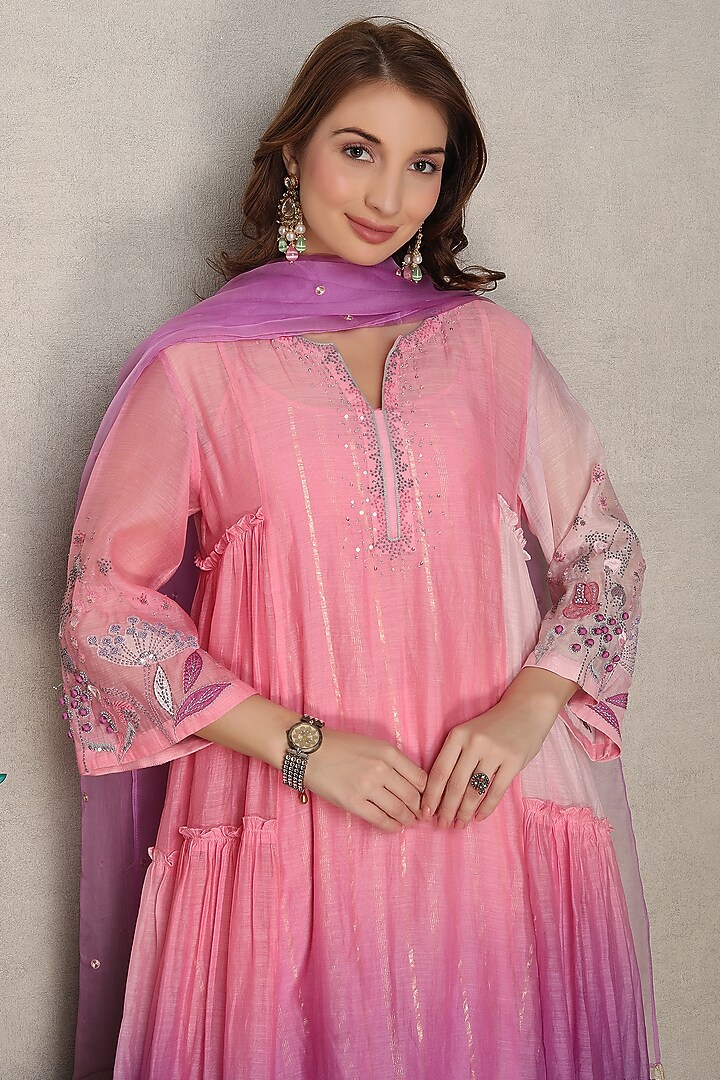Pink & Purple Silk Chanderi Hand Embroidered Shaded Kurta Set by Falguni.Foram at Pernia's Pop Up Shop