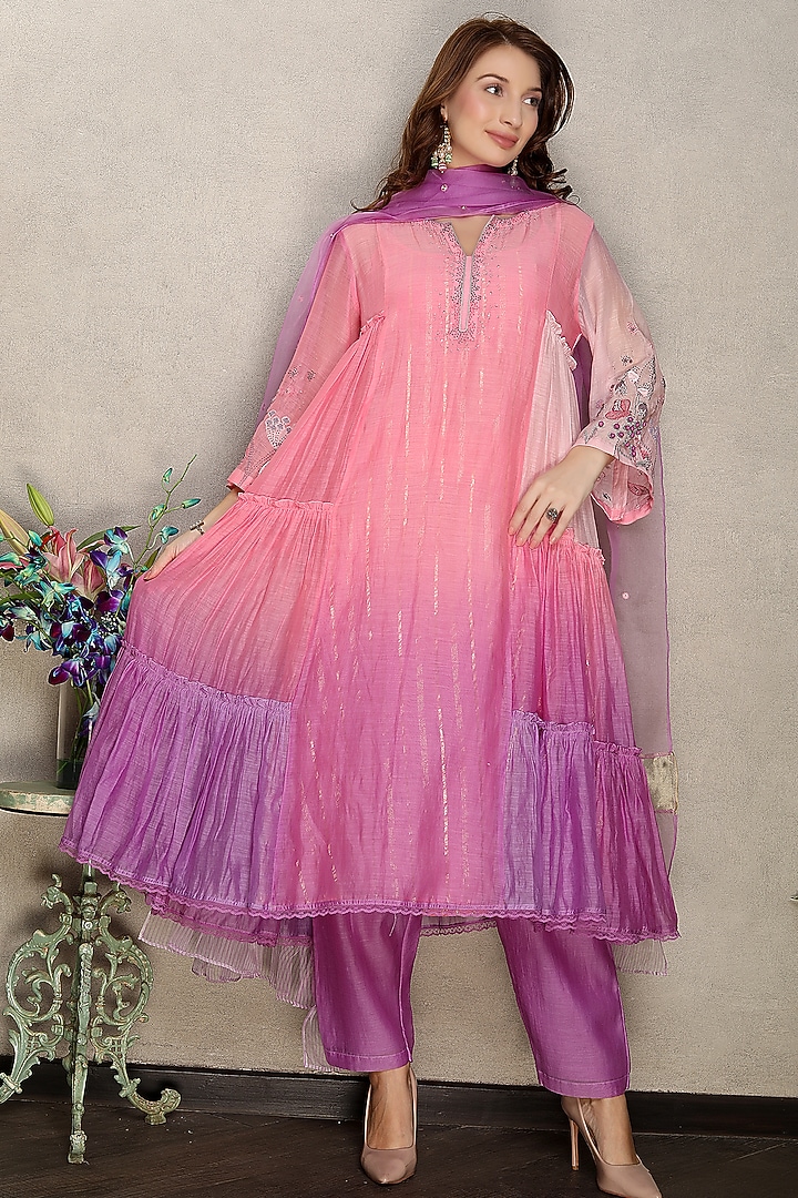Pink & Purple Silk Chanderi Hand Embroidered Shaded Kurta Set by Falguni.Foram at Pernia's Pop Up Shop