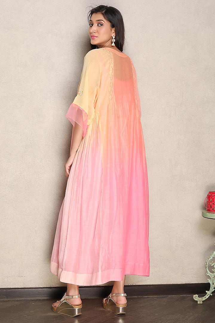Pink & Coral Silk Chanderi Hand Embroidered Shaded Kaftan Dress by Falguni.Foram at Pernia's Pop Up Shop