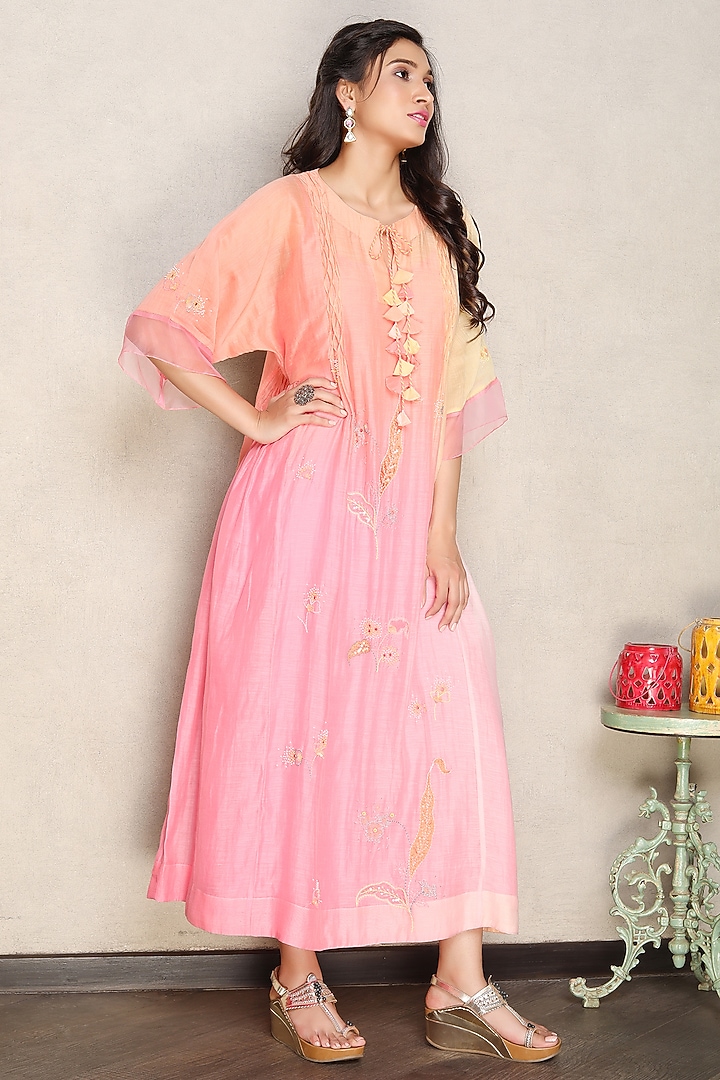 Pink & Coral Silk Chanderi Hand Embroidered Shaded Kaftan Dress by Falguni.Foram at Pernia's Pop Up Shop
