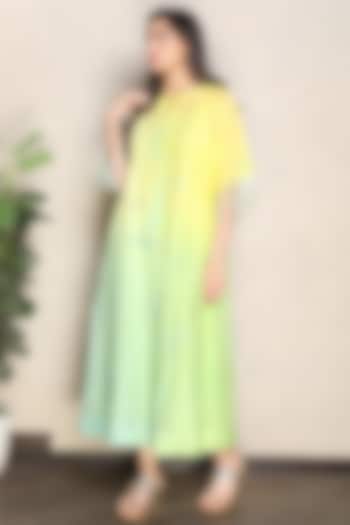 Yellow & Green Silk Chanderi Hand Embroidered Shaded Kaftan Dress by Falguni.Foram