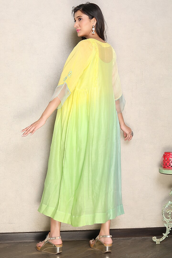 Yellow & Green Silk Chanderi Hand Embroidered Shaded Kaftan Dress by Falguni.Foram at Pernia's Pop Up Shop