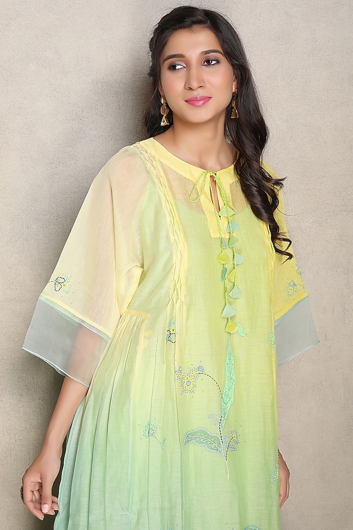 Yellow & Green Silk Chanderi Hand Embroidered Shaded Kaftan Dress by Falguni.Foram at Pernia's Pop Up Shop