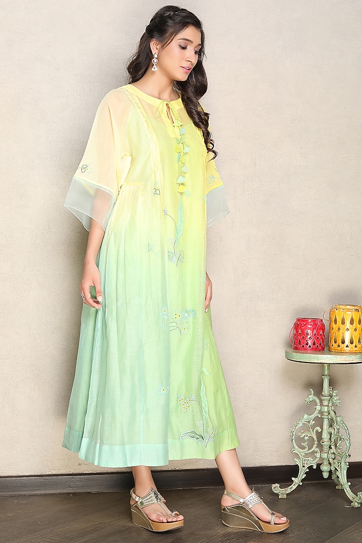 Yellow & Green Silk Chanderi Hand Embroidered Shaded Kaftan Dress by Falguni.Foram at Pernia's Pop Up Shop