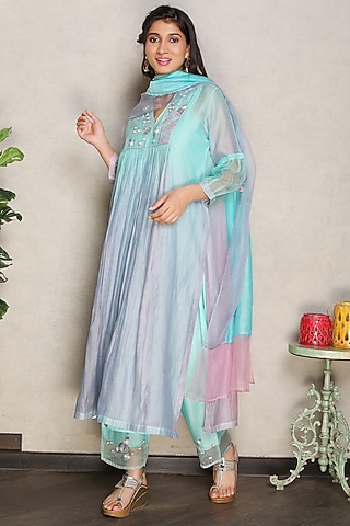 Blue & Lilac Silk Chanderi Hand Embroidered Shaded Kurta Set by Falguni.Foram