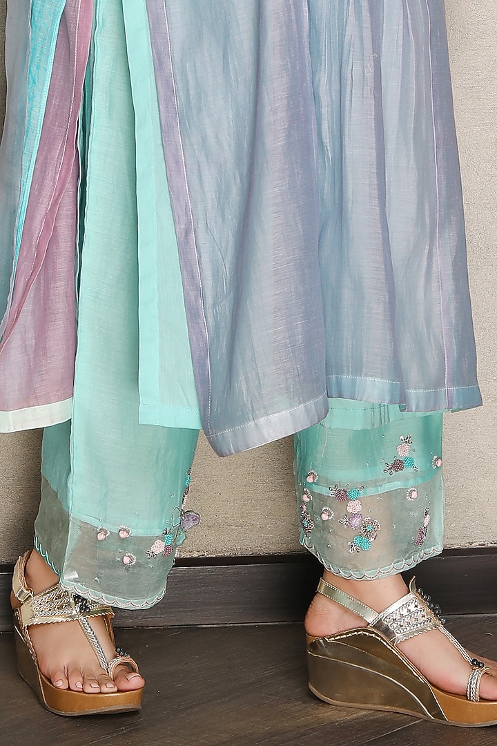 Blue & Lilac Silk Chanderi Hand Embroidered Shaded Kurta Set by Falguni.Foram at Pernia's Pop Up Shop
