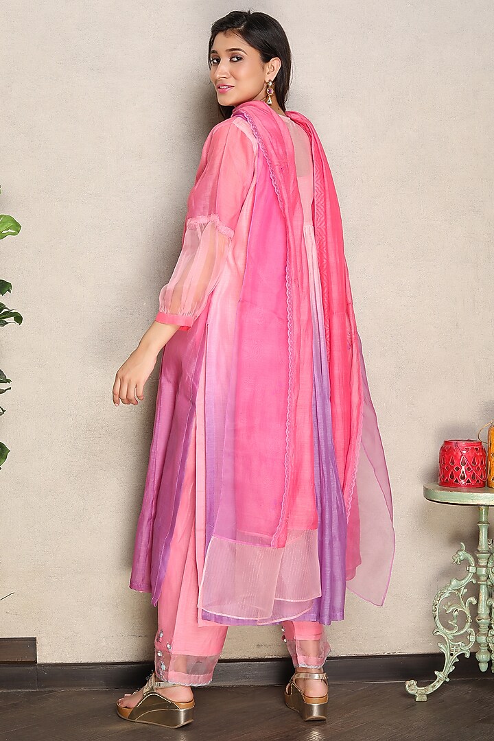 Pink & Purple Silk Chanderi Hand Embroidered Shaded Kurta Set by Falguni.Foram at Pernia's Pop Up Shop