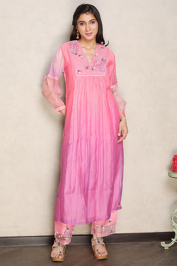 Pink & Purple Silk Chanderi Hand Embroidered Shaded Kurta Set by Falguni.Foram at Pernia's Pop Up Shop