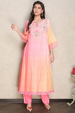 Pink & Coral Silk Chanderi Hand Embroidered Shaded Kurta Set by Falguni.Foram