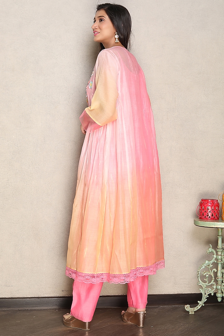 Pink & Coral Silk Chanderi Hand Embroidered Shaded Kurta Set by Falguni.Foram at Pernia's Pop Up Shop