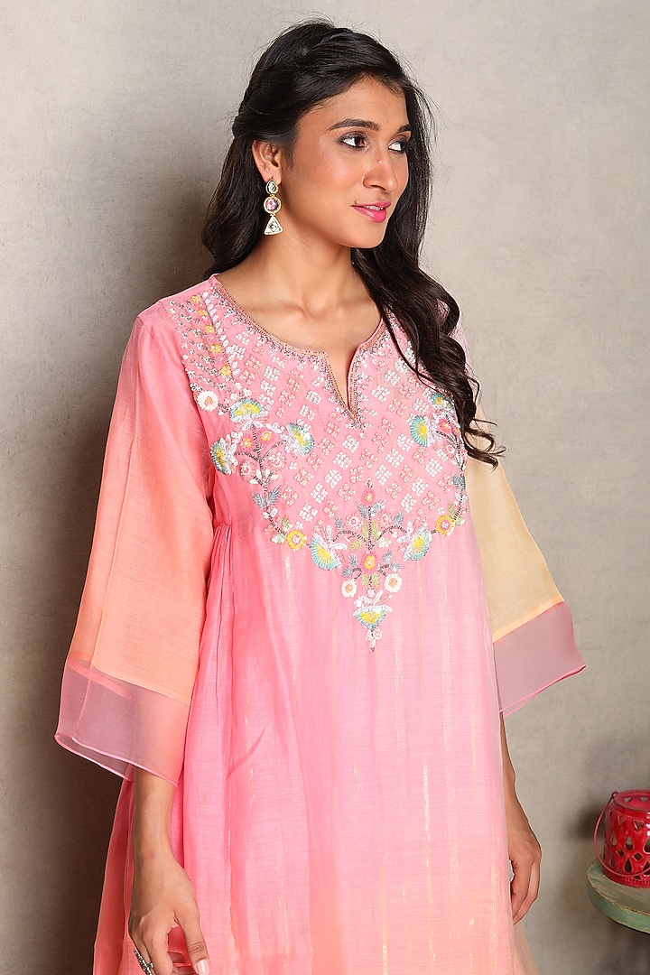 Pink & Coral Silk Chanderi Hand Embroidered Shaded Kurta Set by Falguni.Foram at Pernia's Pop Up Shop