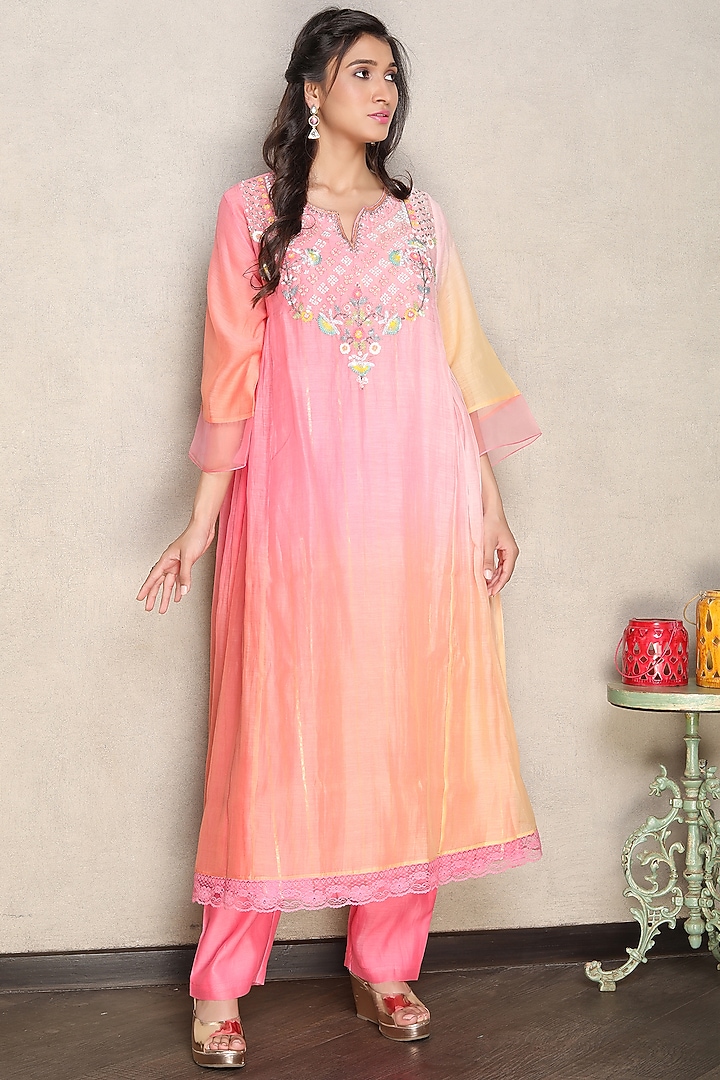 Pink & Coral Silk Chanderi Hand Embroidered Shaded Kurta Set by Falguni.Foram at Pernia's Pop Up Shop