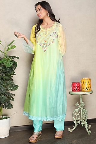 Yellow & Green Silk Chanderi Hand Embroidered Shaded Kurta Set by Falguni.Foram