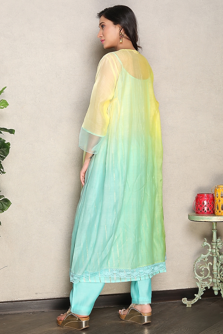 Yellow & Green Silk Chanderi Hand Embroidered Shaded Kurta Set by Falguni.Foram at Pernia's Pop Up Shop