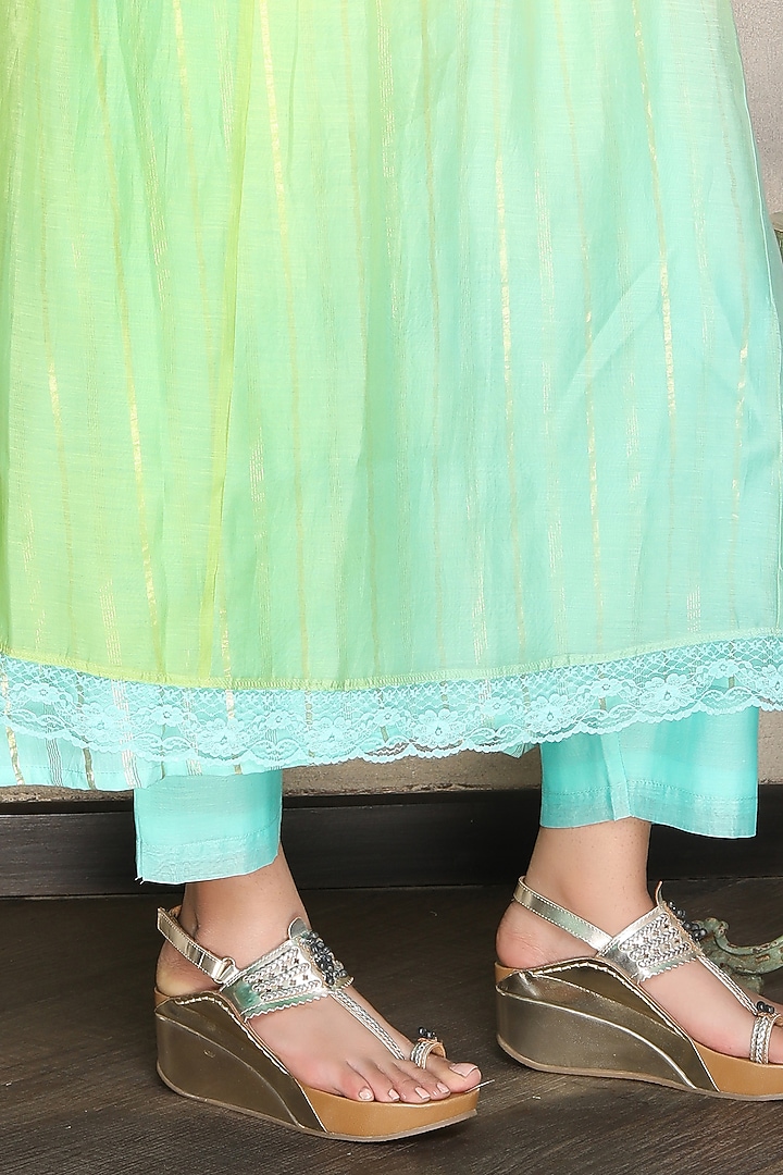 Yellow & Green Silk Chanderi Hand Embroidered Shaded Kurta Set by Falguni.Foram at Pernia's Pop Up Shop