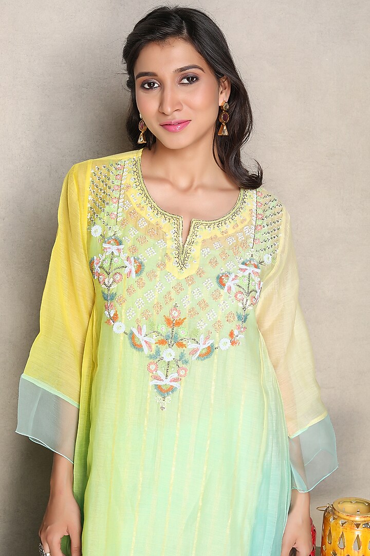 Yellow & Green Silk Chanderi Hand Embroidered Shaded Kurta Set by Falguni.Foram at Pernia's Pop Up Shop