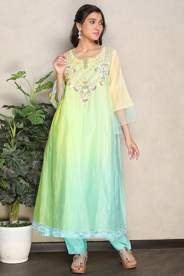 Yellow & Green Silk Chanderi Hand Embroidered Shaded Kurta Set by Falguni.Foram at Pernia's Pop Up Shop