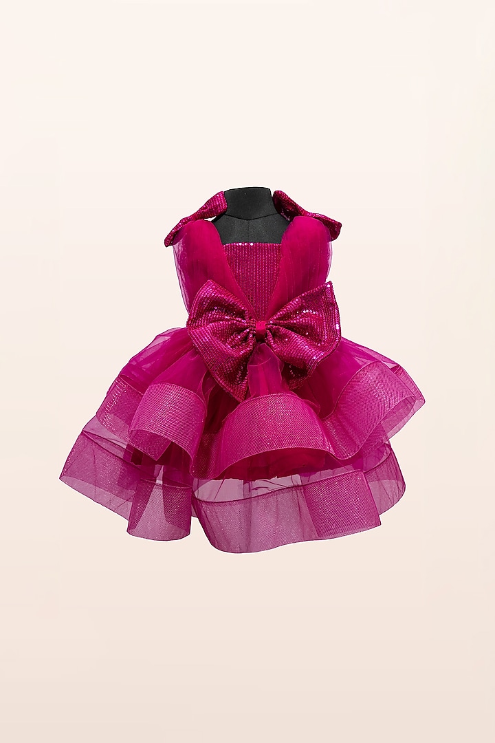 Fuchsia Satin & Tulle Bow Layered Dress For Girls by Fairy Frills at Pernia's Pop Up Shop