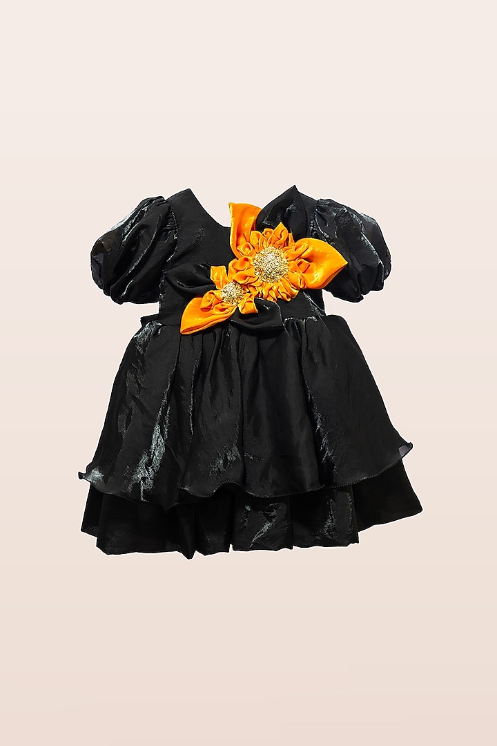 Black Silk Satin Blend Floral Embellished Layered Dress For Girls by Fairy Frills at Pernia's Pop Up Shop