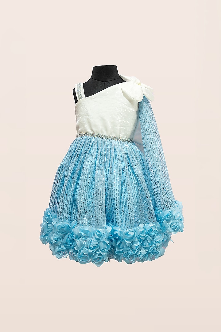 Sky Blue & White Sequins Tulle One-Shoulder Bow Dress For Girls by Fairy Frills at Pernia's Pop Up Shop